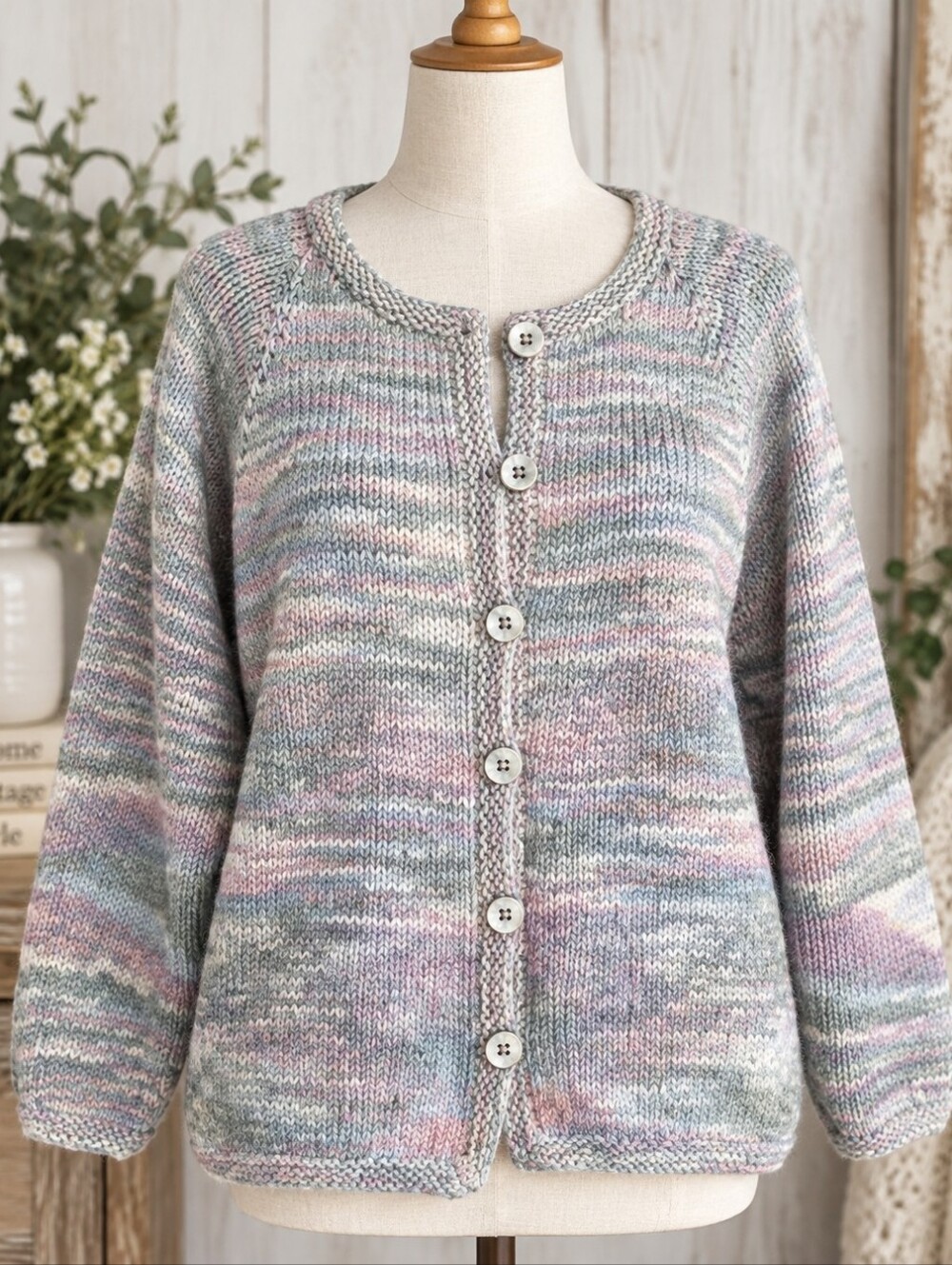 Handmade Knit Cardigan Womens  Pastel Variegated Button Front Cozy Cottage Core